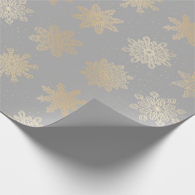 Elegant Gold & Grey Snowflake Christmas Pattern Wrapping Paper (Corner)