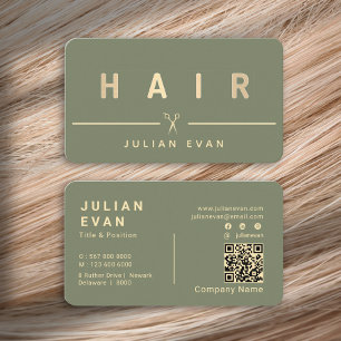 Elegant Gold Hair Scissors Hair Stylist Sage Green Business Card