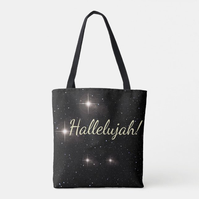 Elegant Gold 'Hallelujah!' Starry Black Holiday Tote Bag (Back)