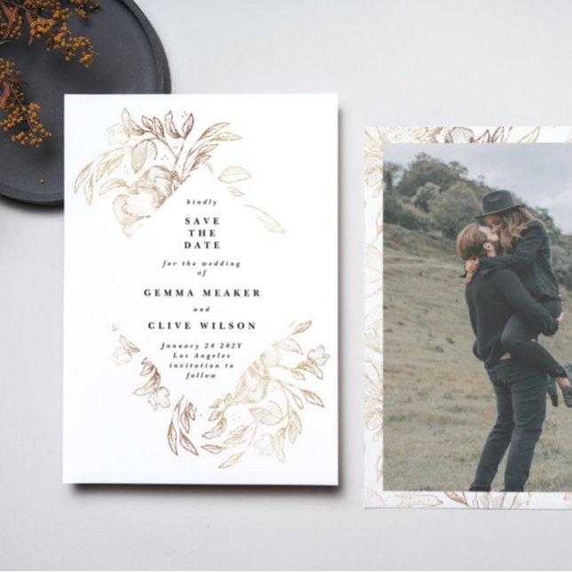 Elegant Gold Hand Drawn Botanical Wedding Photo Save The Date (Creator Uploaded)