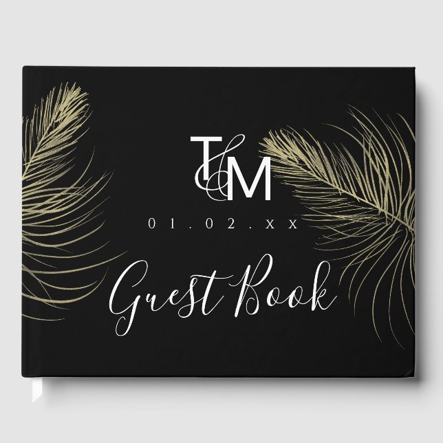 Elegant Gold Hand Drawn Feather Chic Wedding Guest Book (Front)
