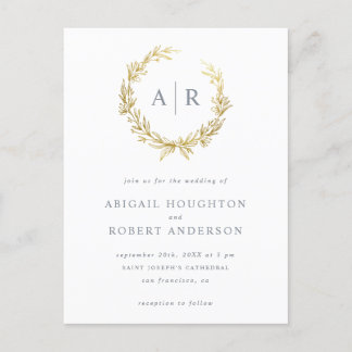 Elegant Gold Hand-drawn Wreath Initials Wedding Invitation Postcard