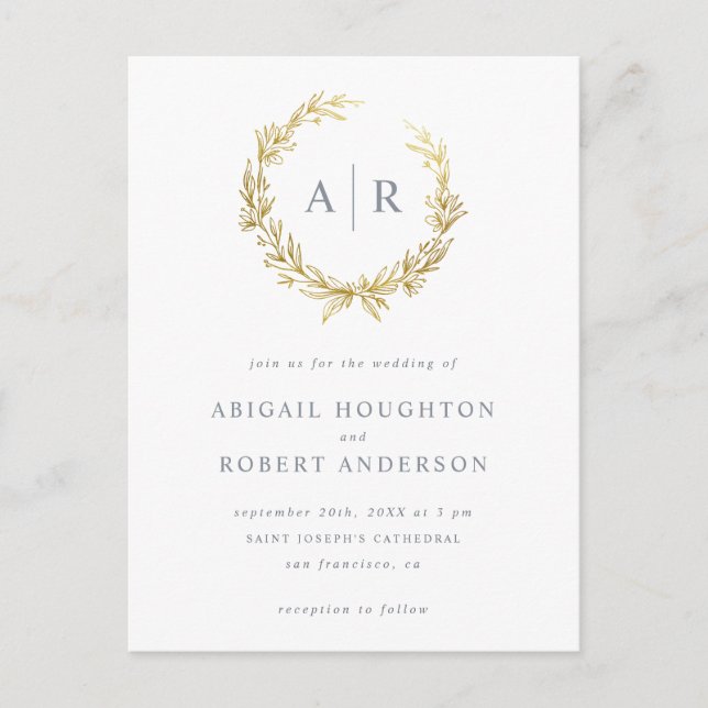 Elegant Gold Hand-drawn Wreath Initials Wedding Invitation Postcard (Front)