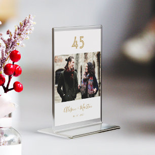 Elegant Gold Hand-Lettered Couple's Name Photo Table Number