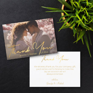 elegant gold handwriting couple photo wedding thank you card