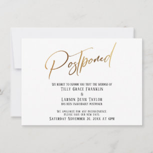 Elegant Gold Handwriting Postponed Wedding Card