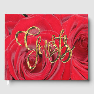 Elegant Gold Handwriting Typography Red Roses Guest Book
