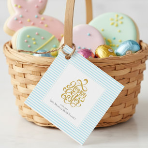 Elegant Gold Happy Easter Blue Striped Gift Tags