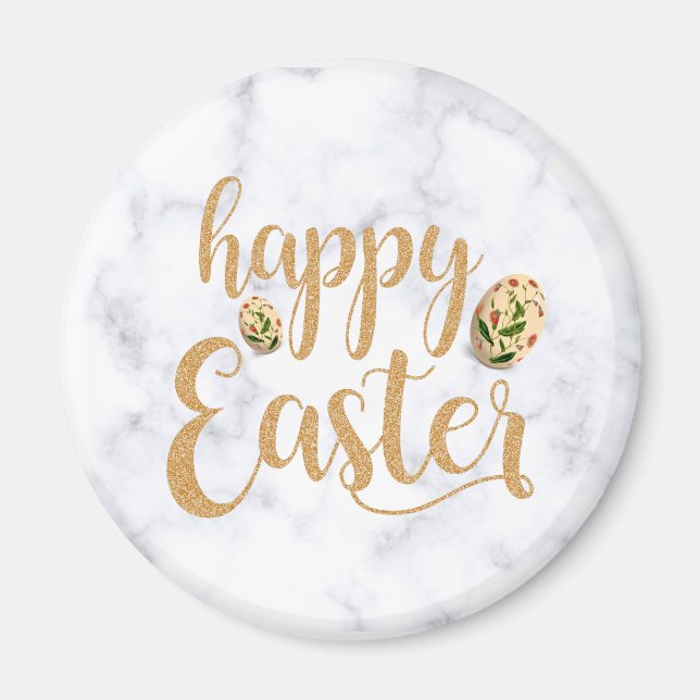 Elegant Gold Happy Easter with floral eggs Magnet (Front)