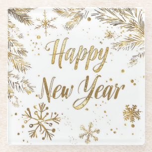 Elegant Gold “Happy New Year” Glass Coaster