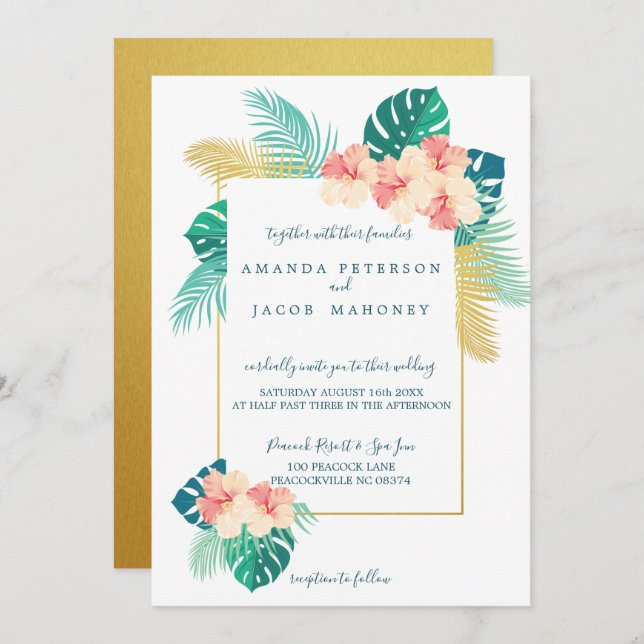 Elegant Gold Hawaiian Hibiscus Wedding Invitations (Front/Back)