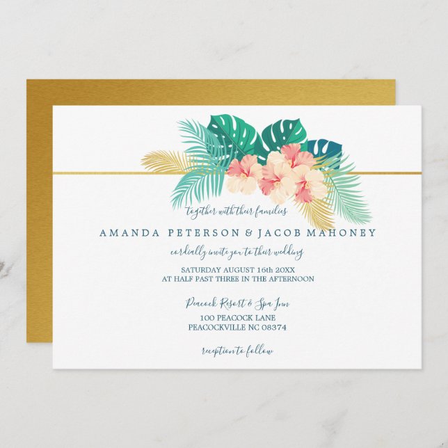 Elegant Gold Hawaiian Hibiscus Wedding Invitations (Front/Back)