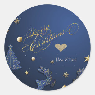 Elegant Gold Heart,Blue Christmas Tree,Reindeers Classic Round Sticker