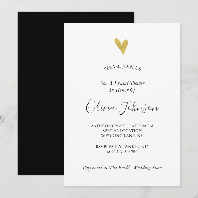 Elegant Gold Heart Bridal Shower Invitation (Front/Back)