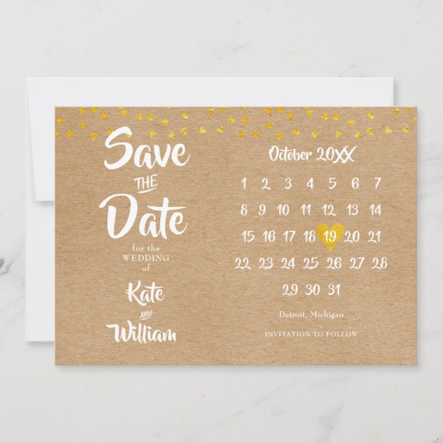 Elegant Gold Heart Calendar Rustic Boho Save The Date (Front)