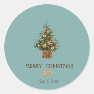 Elegant Gold Heart, Christmas Tree Orange Classic Round Sticker