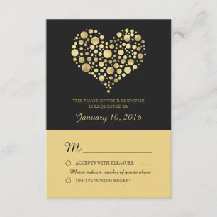Elegant Gold Heart Dusty Black Wedding RSVP Card