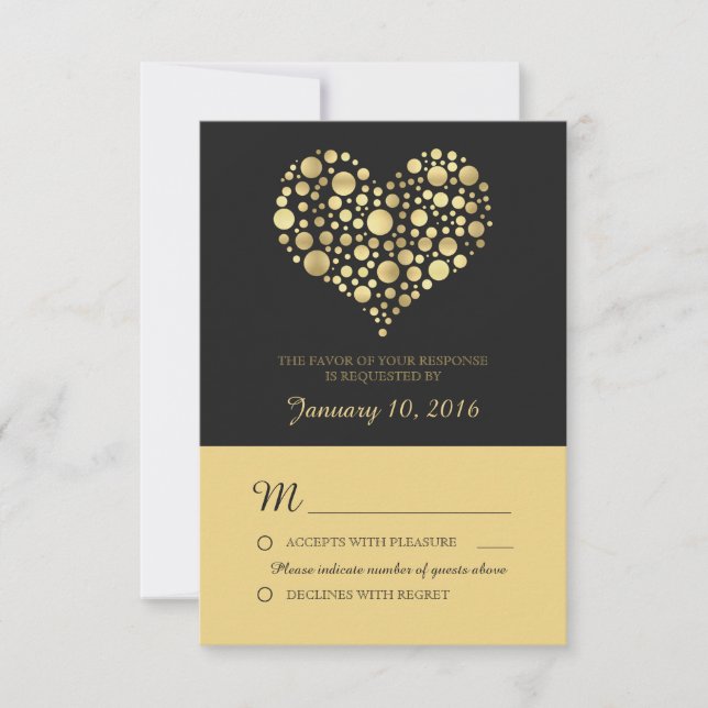Elegant Gold Heart Dusty Black Wedding RSVP Card (Front)