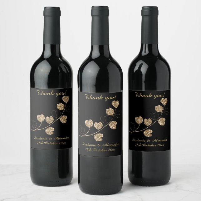 ELEGANT GOLD HEART EUCALYPTUS  BLACK CUSTOMIZABLE  WINE LABEL (Bottles)