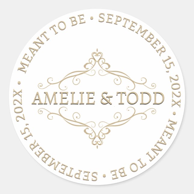 ELEGANT GOLD HEART FILAGREE WEDDING MEANT TO BE CLASSIC ROUND STICKER (Front)