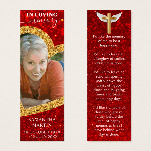 Elegant Gold Heart Memorial Poem Funeral Bookmark (Front & Back)