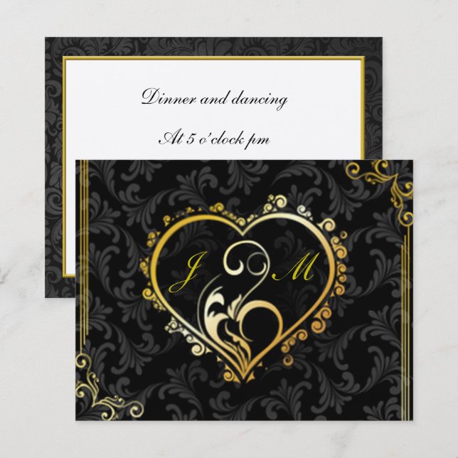 Elegant Gold Heart Monogram Reception Card (Front/Back)