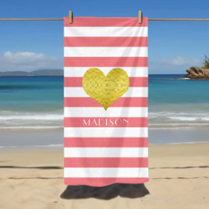 Elegant Gold Heart Name Black And White Stripes Be Beach Towel