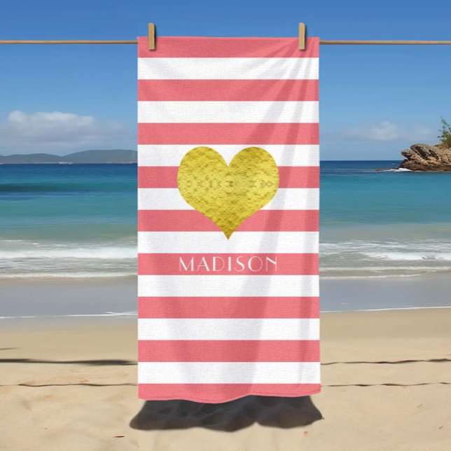 Elegant Gold Heart Name Black And White Stripes Be Beach Towel (Elegant Gold Heart Name Pink And White Stripes Beach Towel)