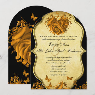 Elegant Gold Heart Roses & Butterflies Wedding Invitation