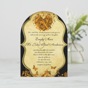 Elegant Gold Heart Roses & Butterflies Wedding Invitation