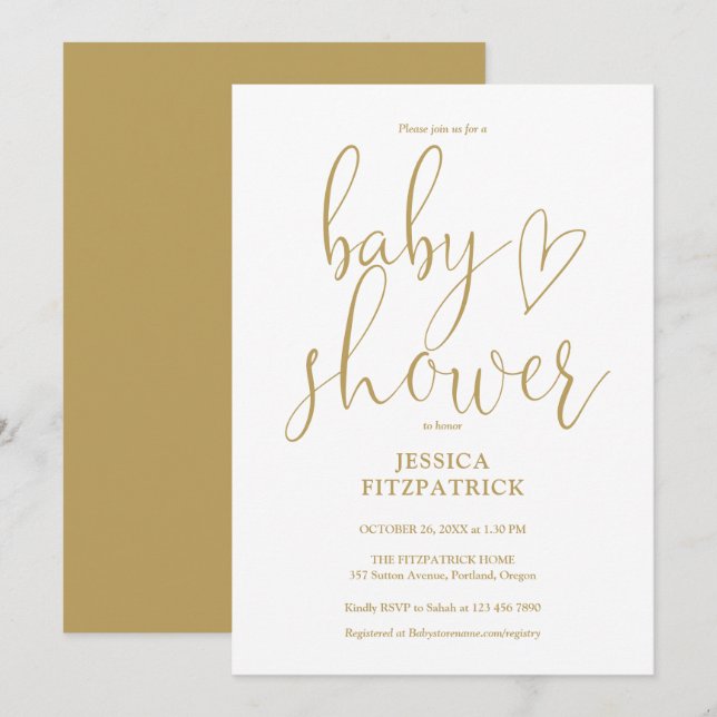 Elegant Gold Heart Script Baby Shower Invitation (Front/Back)