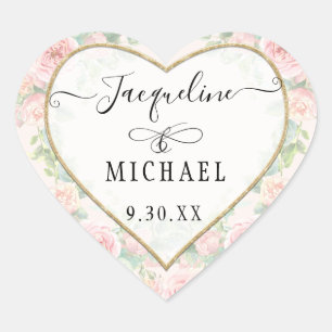 Elegant Gold Heart Script Blush Pink Floral Leaves Heart Sticker