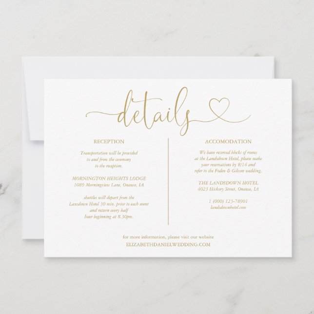 Elegant Gold Heart Script Details Information Invitation (Front)