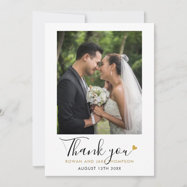 Elegant Gold Heart Script Wedding Photo Thank You Card (Front)