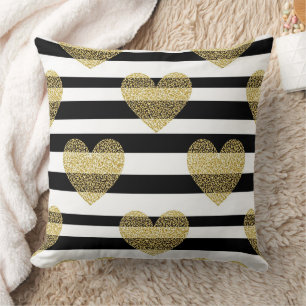 Elegant Gold Heart Wedding Stripe Pattern Cushion