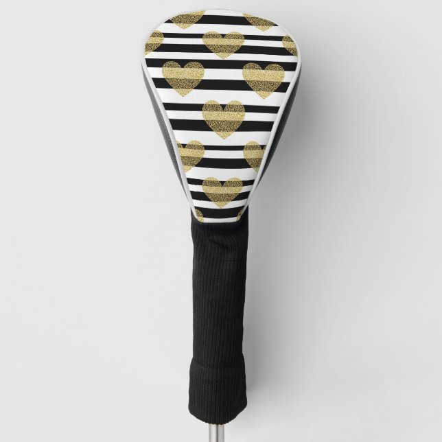 Elegant Gold Heart Wedding Stripe Pattern Golf Head Cover (Front)