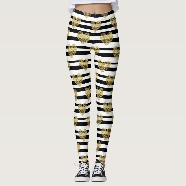 Elegant Gold Heart Wedding Stripe Pattern Leggings (Front)
