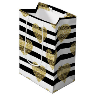 Elegant Gold Heart Wedding Stripe Pattern Medium Gift Bag