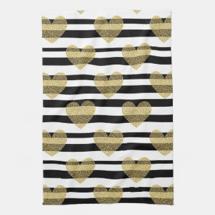 Elegant Gold Heart Wedding Stripe Pattern Tea Towel