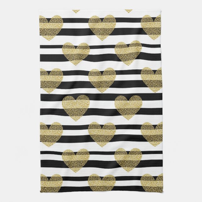 Elegant Gold Heart Wedding Stripe Pattern Tea Towel (Vertical)