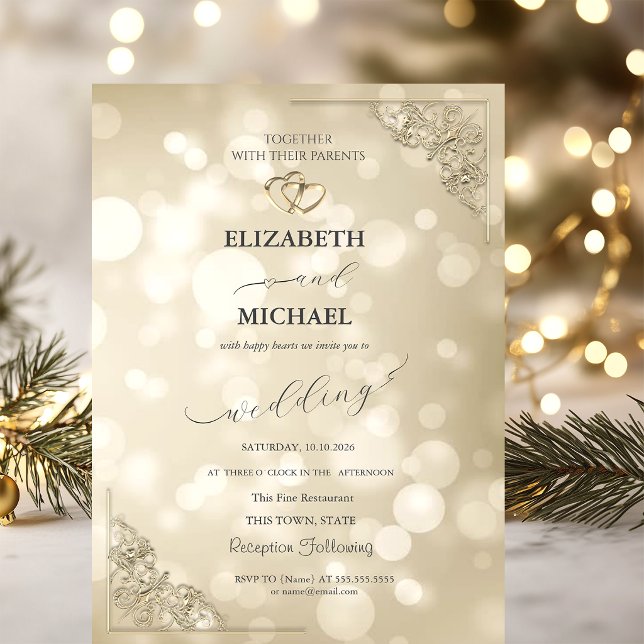 Elegant Gold Hearts Frame Bokeh Wedding Invitation (Creator Uploaded)