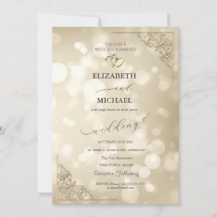 Elegant Gold Hearts Frame Bokeh Wedding Invitation