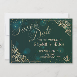 Elegant Gold Hearts Frame Green Save The Date