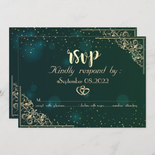Elegant Gold Hearts Frame Green Wedding RSVP Invitation
