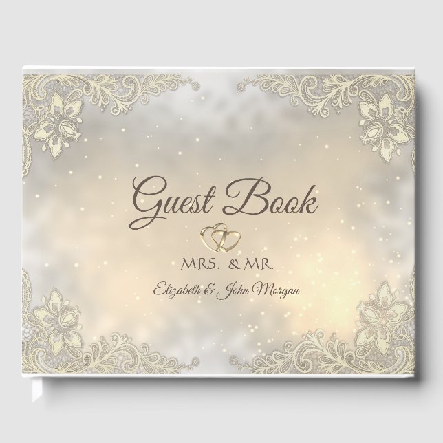 Elegant Gold Hearts Lace Wedding Guest Book (Front)
