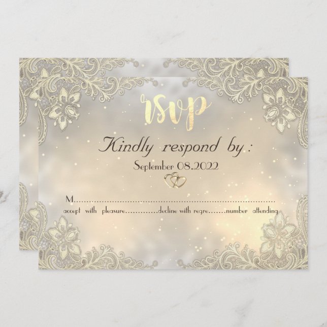 Elegant Gold Hearts Lace Wedding  RSVP  Invitation (Front/Back)