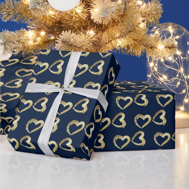 Elegant Gold Hearts on Navy Dark Blue Wrapping Paper (Holidays)