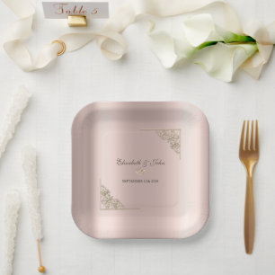 Elegant Gold Hearts Rose Gold Wedding Paper Plate
