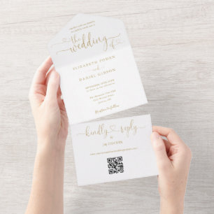 Elegant Gold Hearts Script QR Code Wedding All In One Invitation