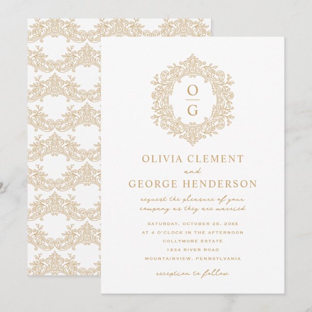 Elegant Gold Heirloom Crest Wedding Invitation (Front/Back)